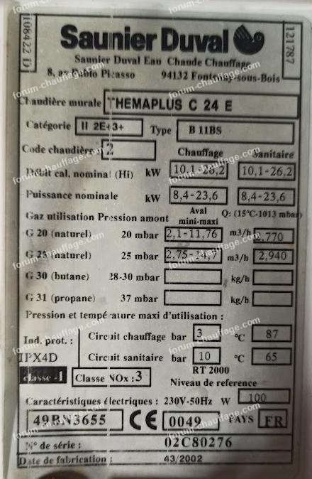 défaut F9 sur chaudière Saunier Duval Thema Plus C 24 E